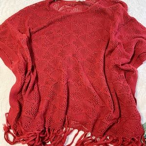 Poncho, burgundy L/XL, fringe bottom